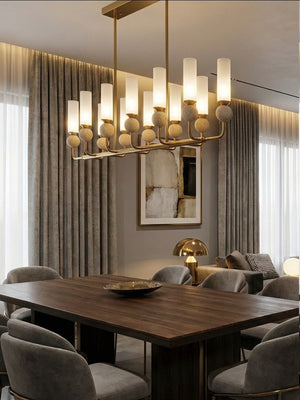 JS-GL-82140L-12 - Antique Brass Metal & Glass & Travertino Modern Chandelier