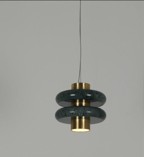 JS-GL-MBGN-H - Antique Brass Metal & Green Marble Hanging Light