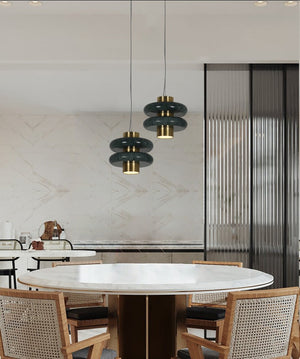 JS-GL-MBGN-H - Antique Brass Metal & Green Marble Hanging Light
