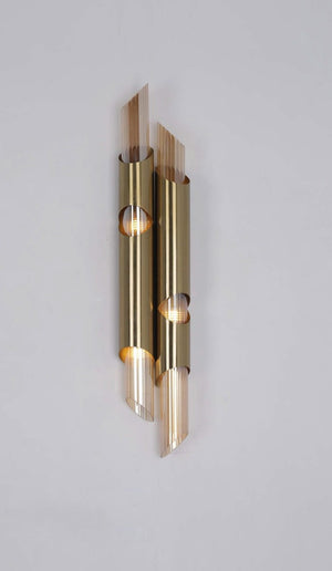 JS-GL-QX-2W - Antique Brass Metal & Amber Glass Modern Wall Light