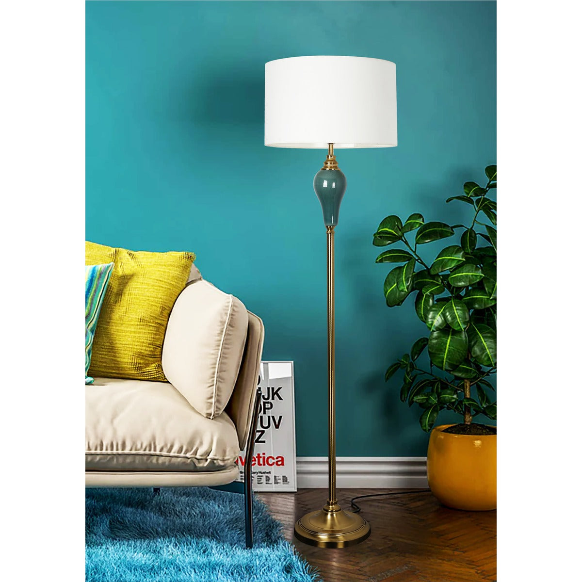 JS-GL-2426-F - Antique Brass Ceramic & Metal & Fabric Shade Modern Floor Lamp