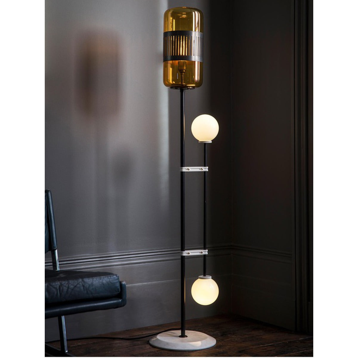 JS-GL-2448-AMB - Black Metal & Glass Marble Floor Lamp