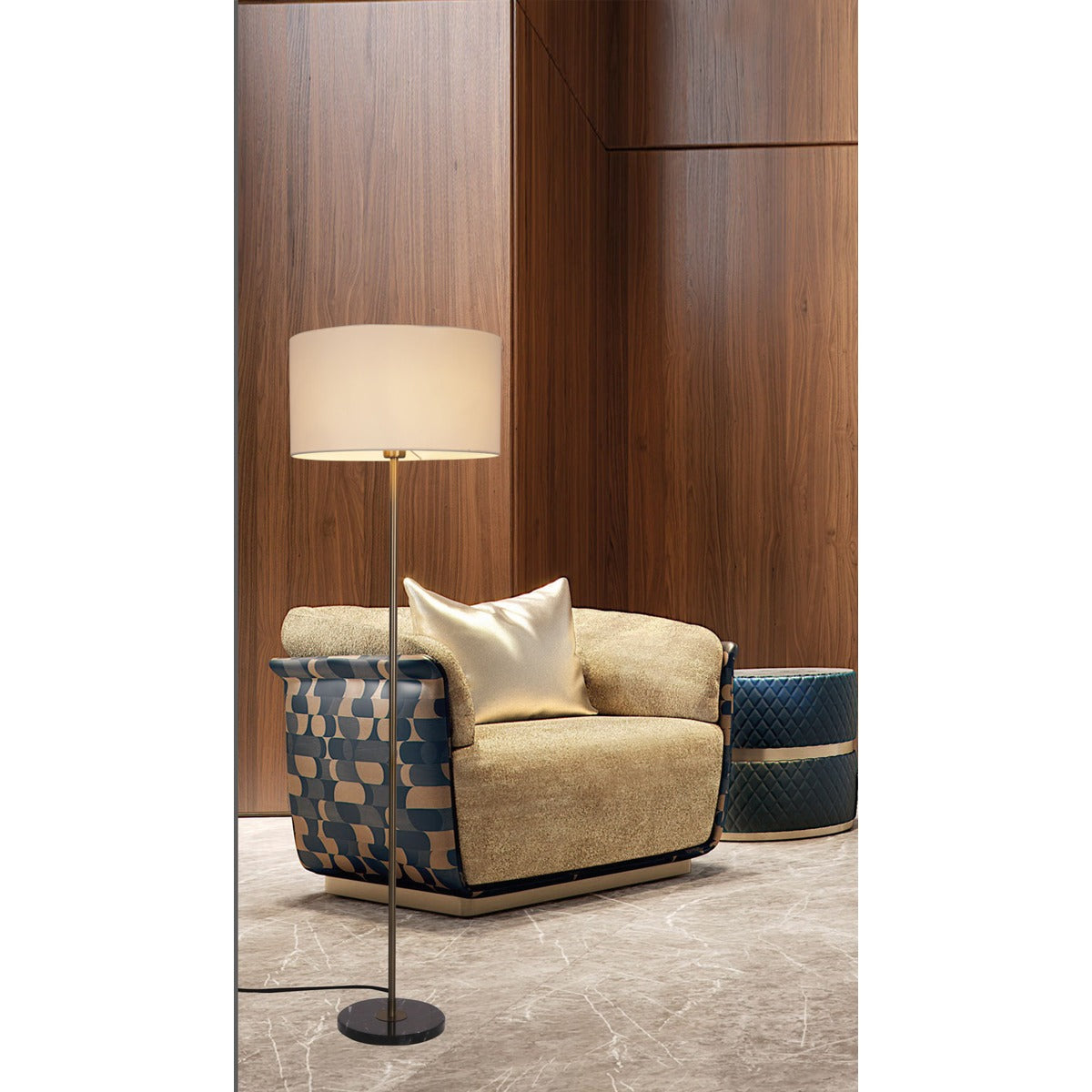 JS-GL-3150-BK - Antique Brass Metal Marble Floor Lamp