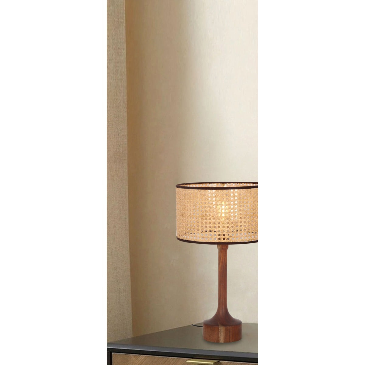 JS-GL-6487-TL - Wood Finish Metal & Rattan Cane Table Lamp