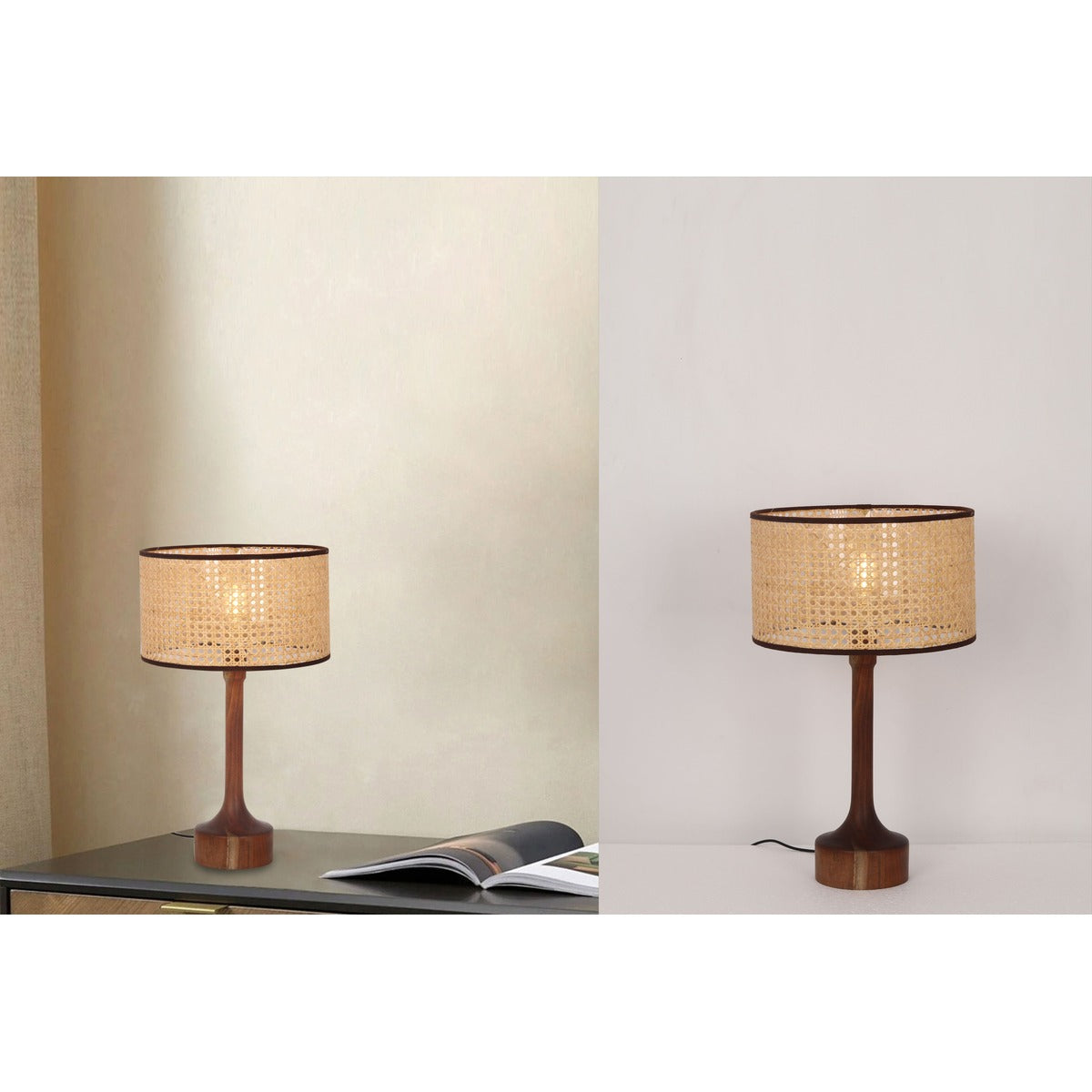 JS-GL-6487-TL - Wood Finish Metal & Rattan Cane Table Lamp