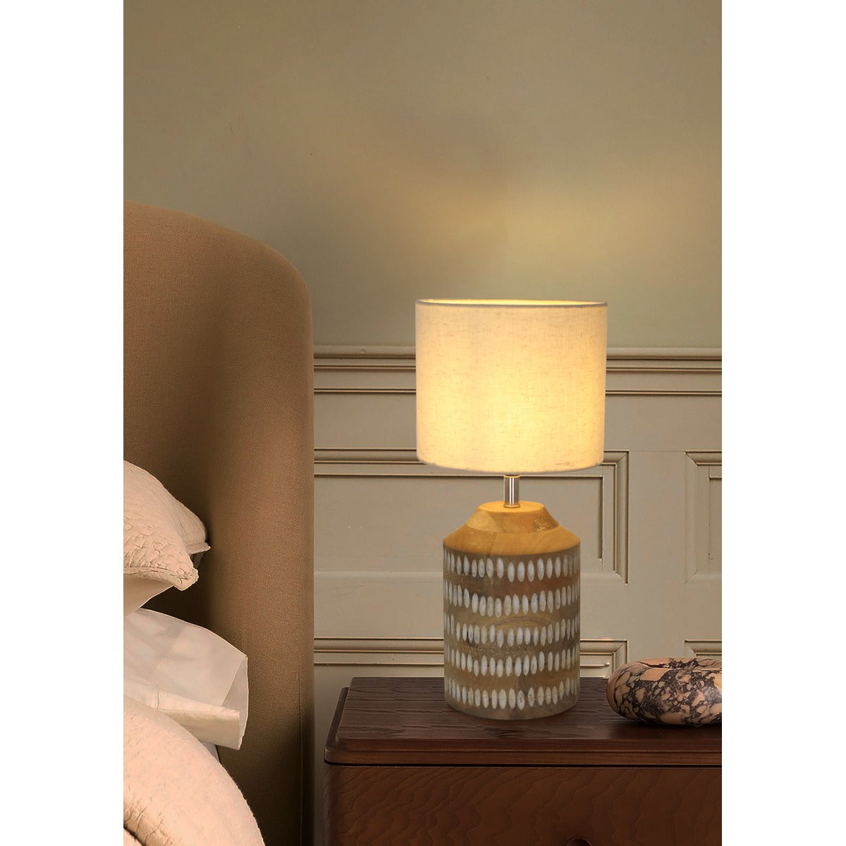 JS-GL-6670-1 - As Per Image Metal & Wood & Fabric Shade Wooden Table Lamp
