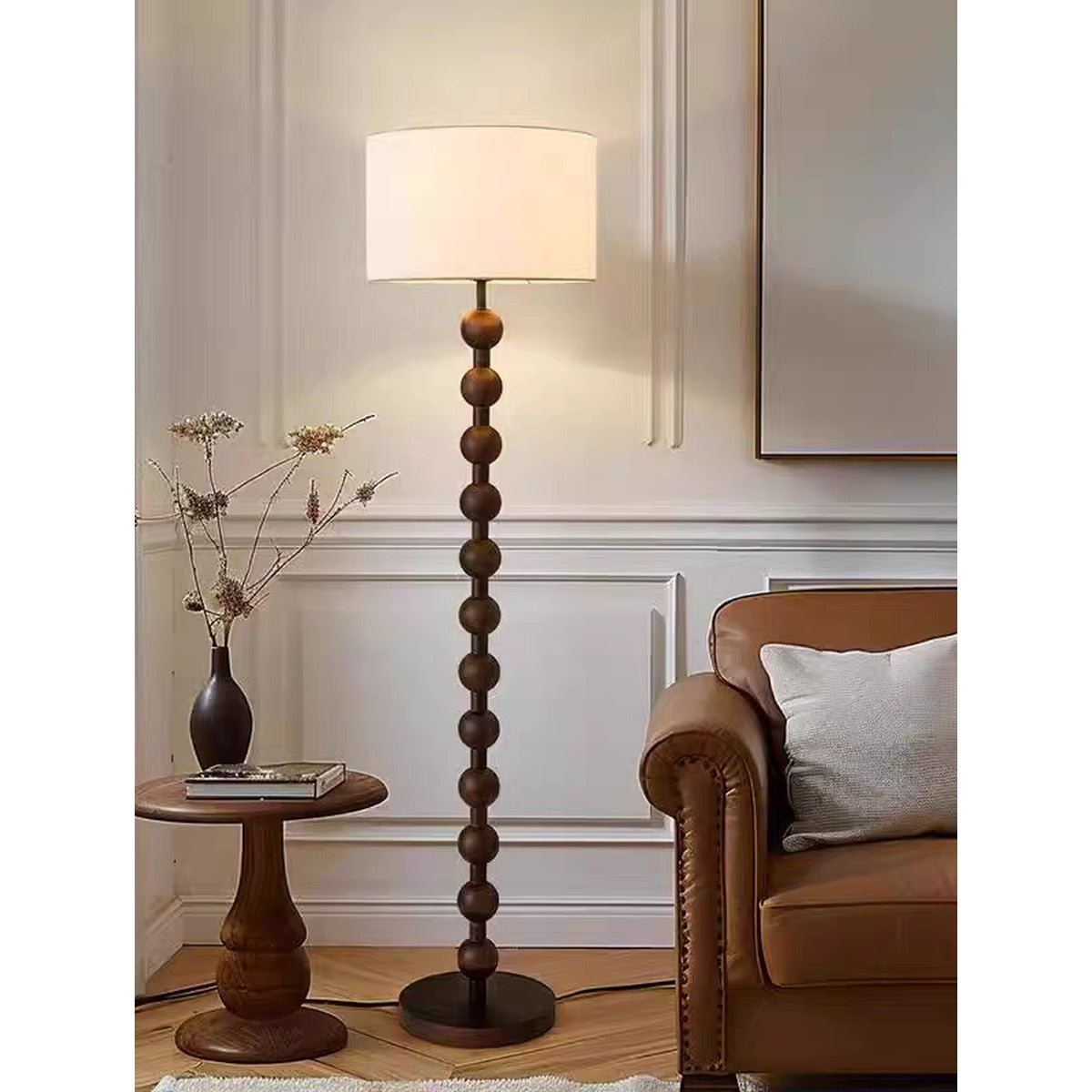 JS-GL-807-F - Dark Wood Metal & Fabric Shade Wooden Floor Lamp