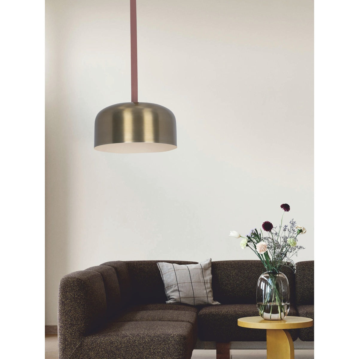 JS-GL-000350-1 - Antique Brass & White Metal & Brown Leather Modern Hanging Light