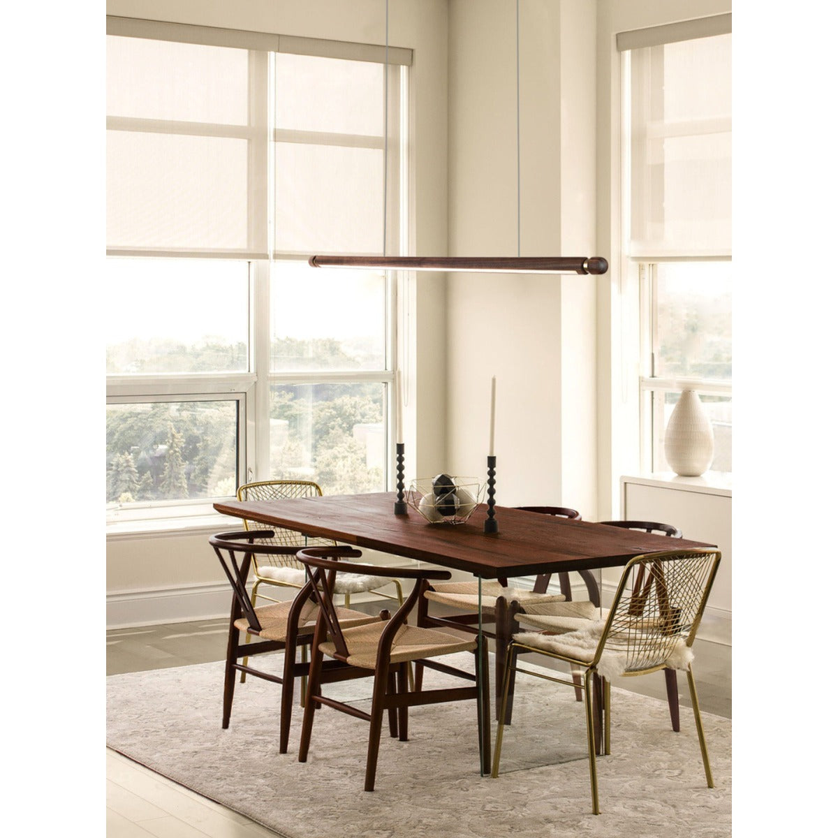 JS-GL-0022-H - Antique Brass Metal & Wood Wooden Hanging Light