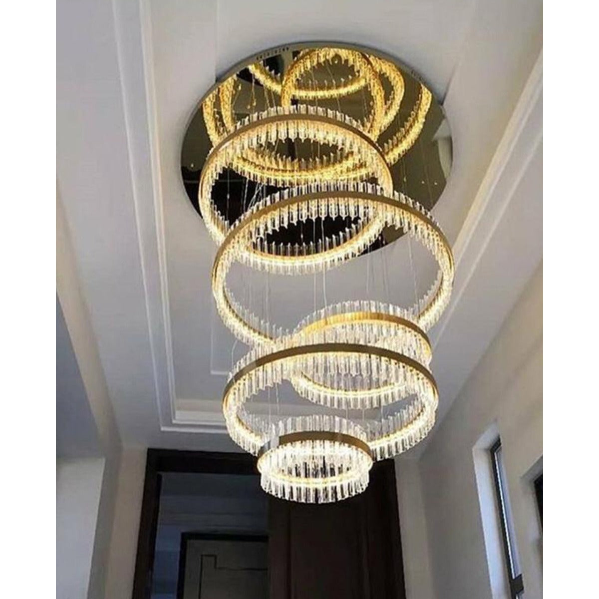 JS-GL-1025-5 - Antique Brass Metal & Crystal Double Height Chandelier