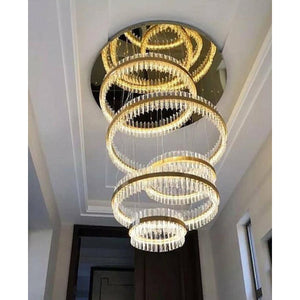 JS-GL-1025-5 - Antique Brass Metal & Crystal Double Height Chandelier