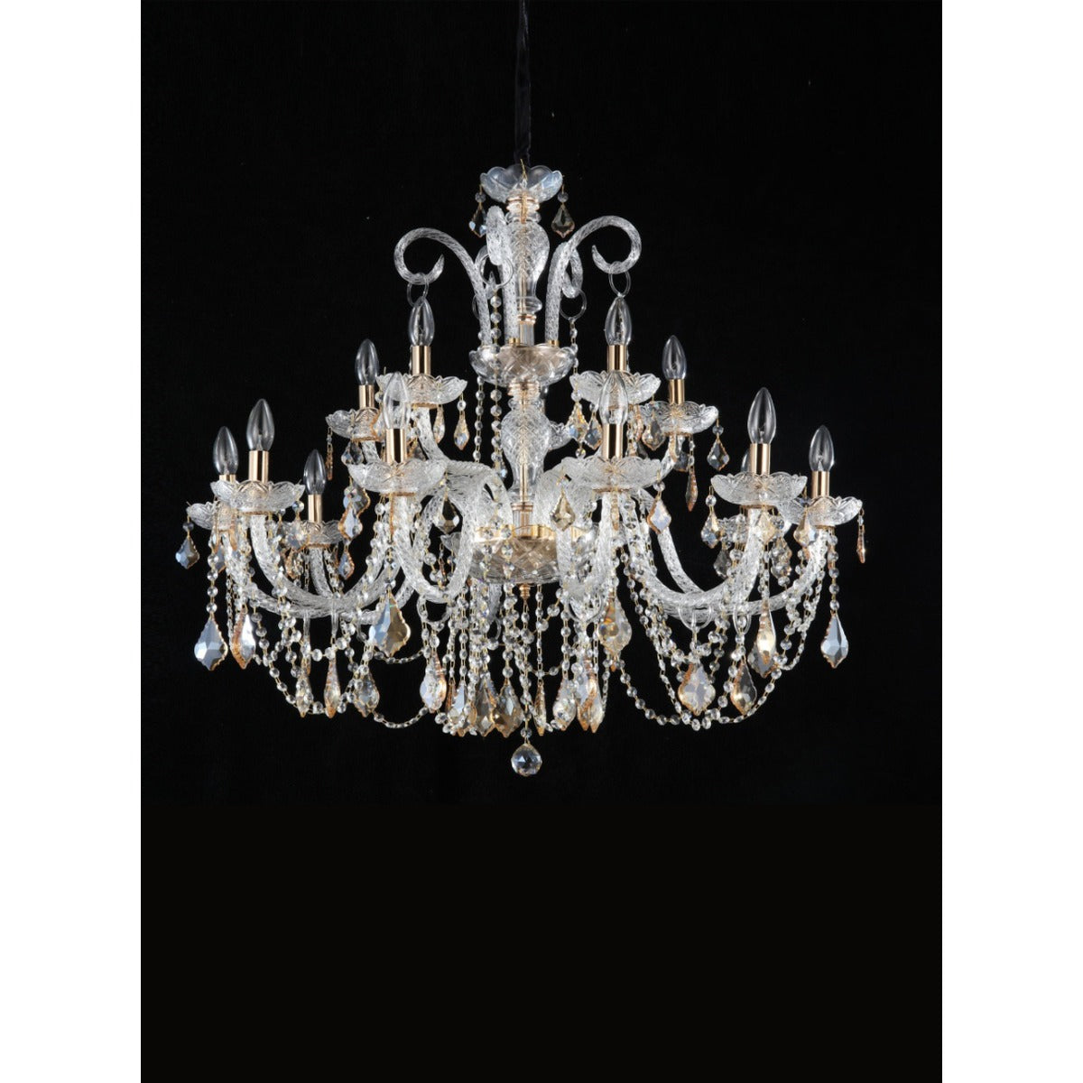 JS-GL-3384L-12+6 - Chrome Metal & Amber Glass & Crystals Candle Arm Chandelier