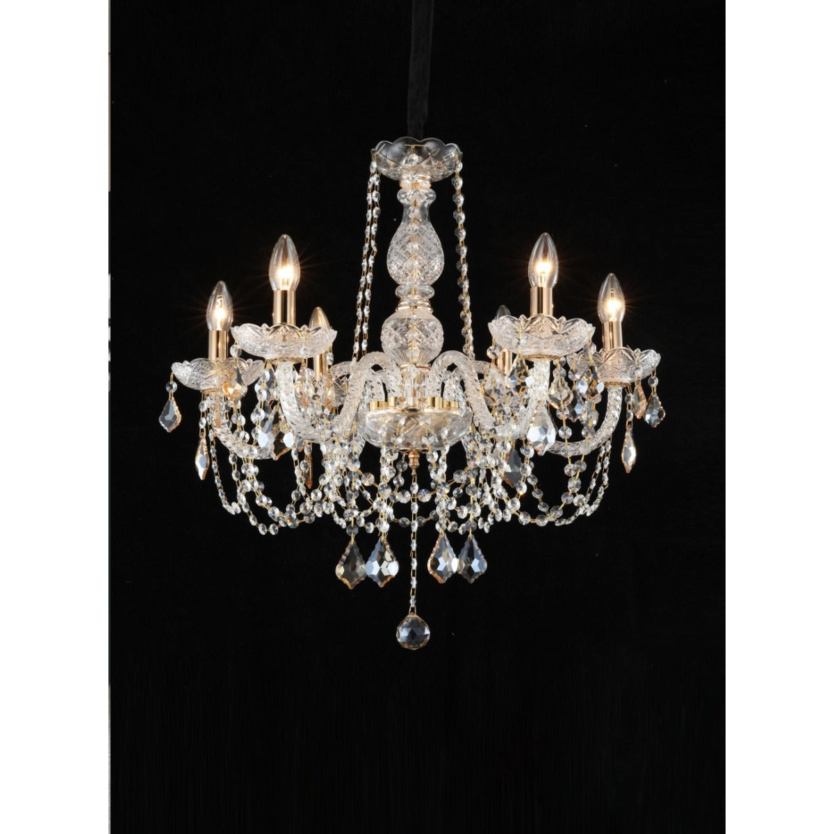JS-GL-3384L-5 - Chrome Metal & Amber Glass & Crystals Candle Arm Chandelier
