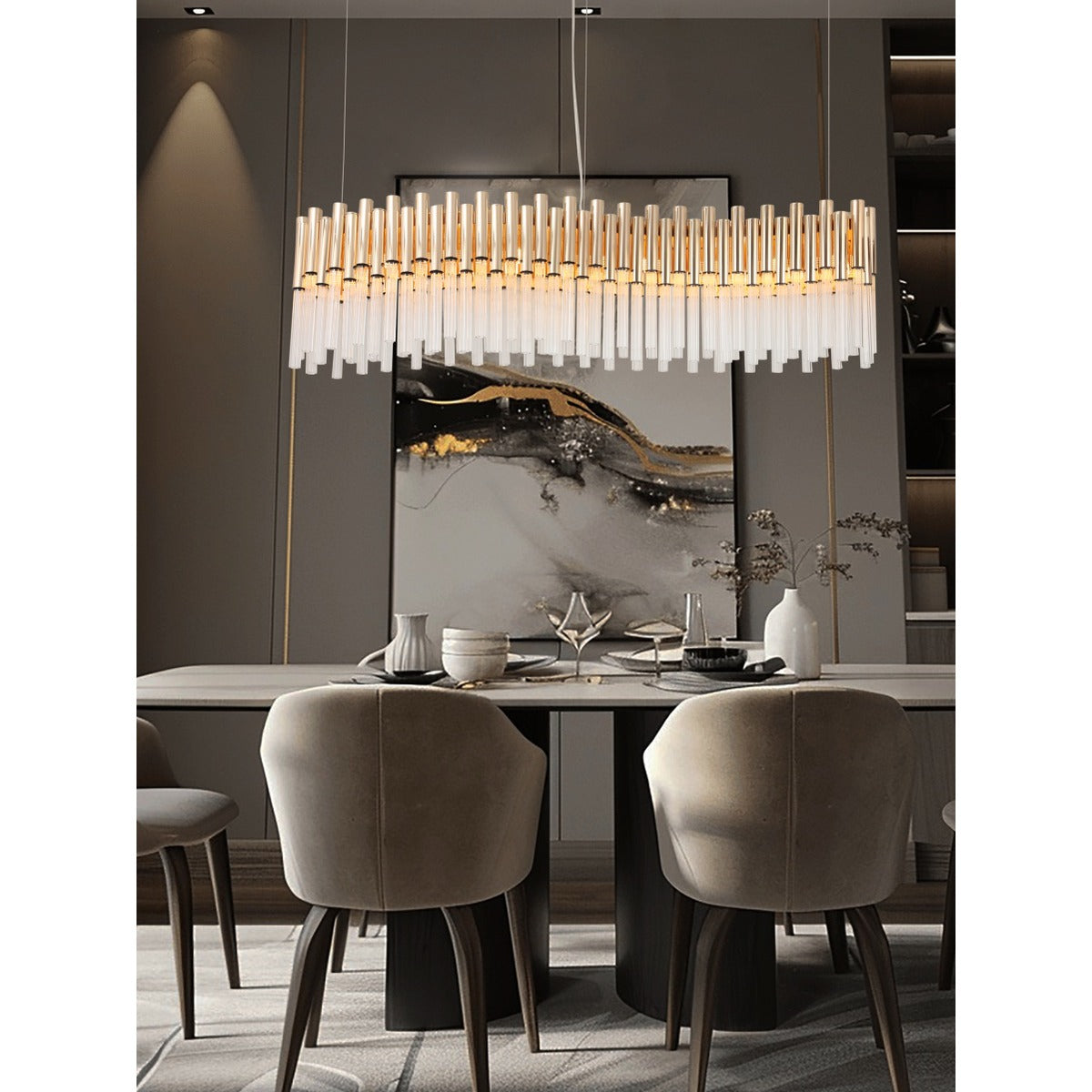 JS-GL-45121D - Champagne Gold Metal & Glass Rectangular Chandelier