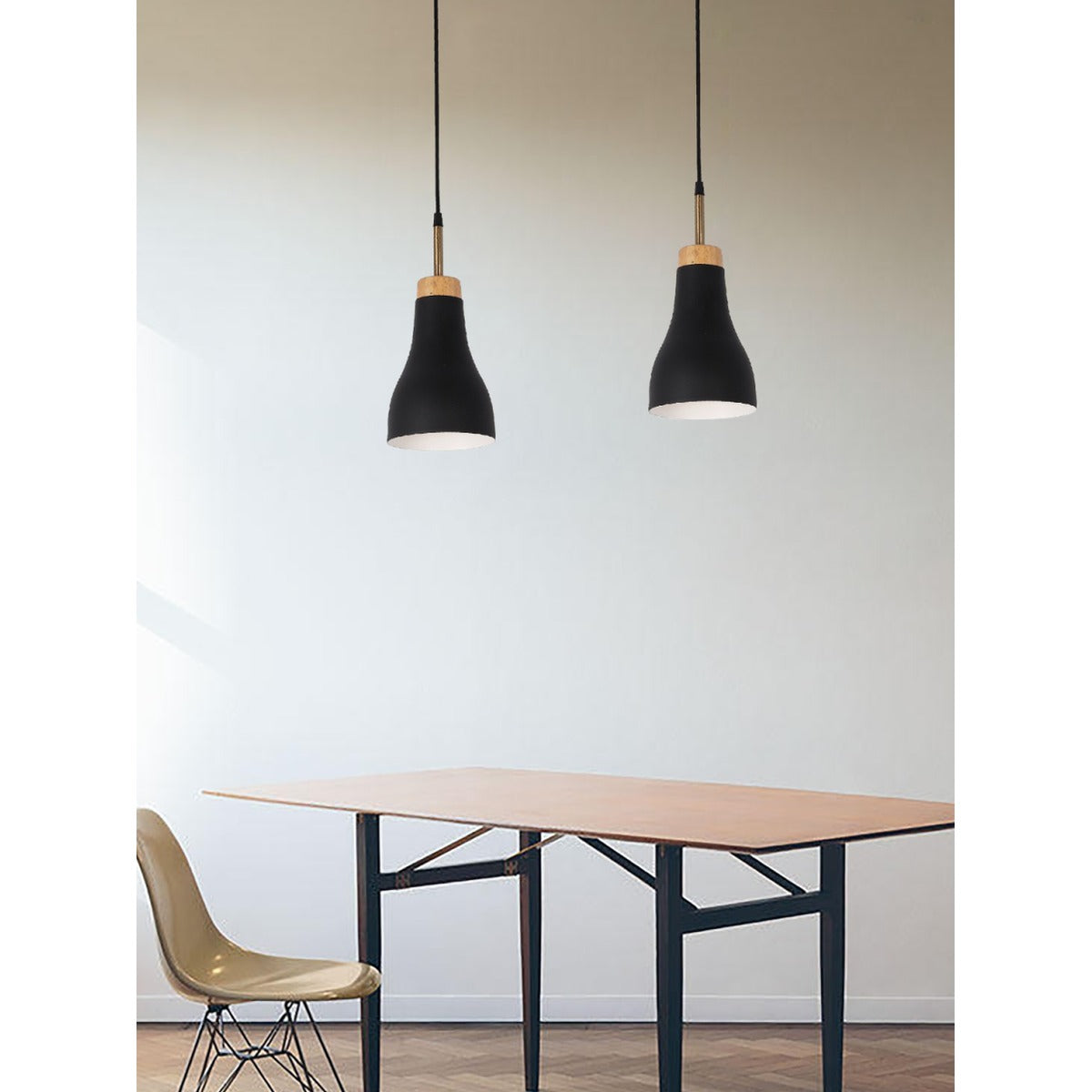 JS-GL-6144-1 - Black & White & Antique Brass Metal & Wood Modern Hanging Light