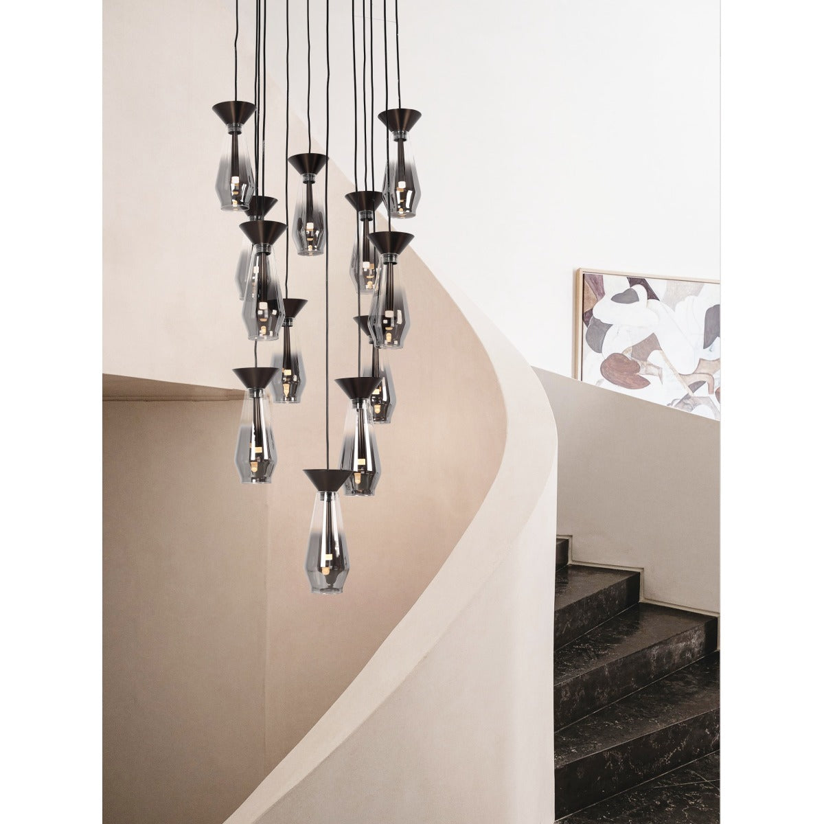 JS-GL-6647S-12 - Brushed Satin Black Metal & Glass Modern Chandelier