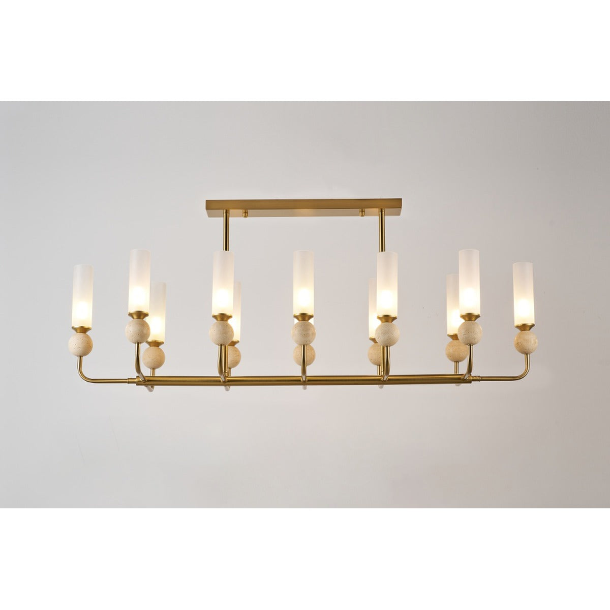 JS-GL-82140L-12 - Antique Brass Metal & Glass & Travertino Modern Chandelier