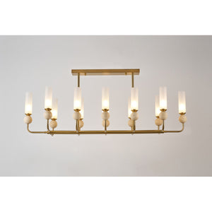 JS-GL-82140L-12 - Antique Brass Metal & Glass & Travertino Modern Chandelier