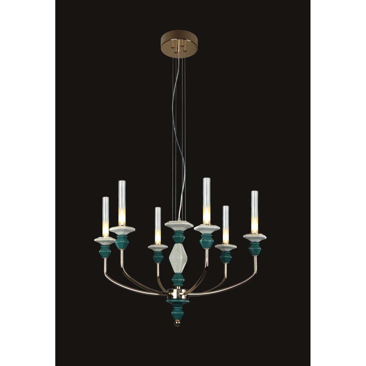 JS-GL-9470-6 - French Gold Metal & Glass & Ceramic Candle Arm Chandelier