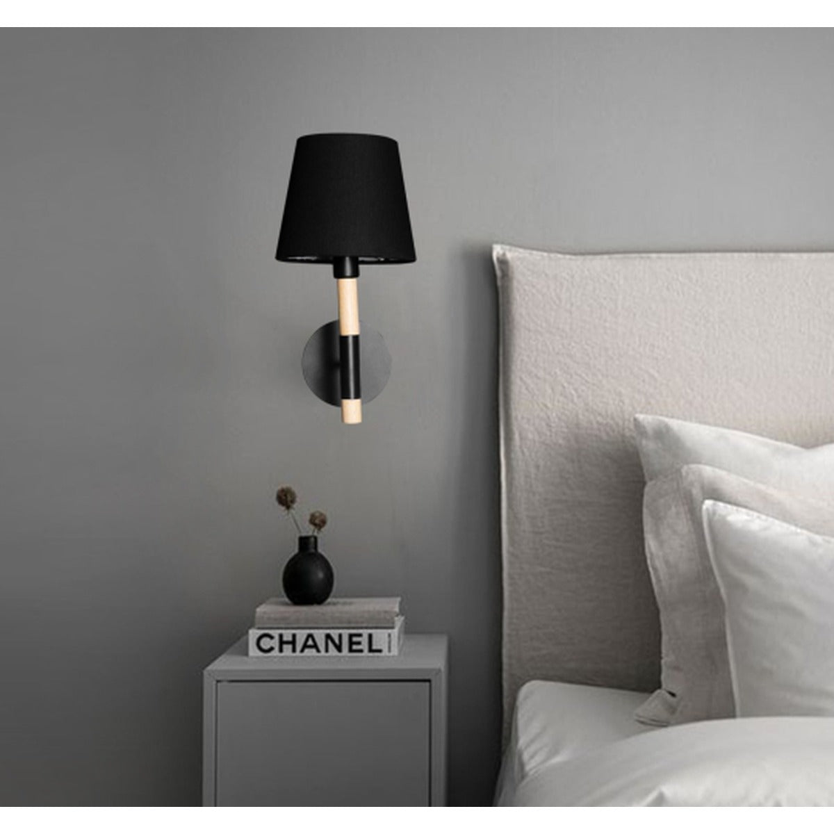 JS-GL-2001-BK - BLACK & TEAKWOOD METAL & FABRIC SHADE & WOOD Cloth Shade Wall Light