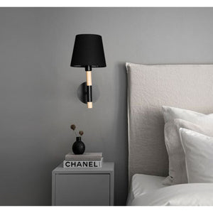 JS-GL-2001-BK - BLACK & TEAKWOOD METAL & FABRIC SHADE & WOOD Cloth Shade Wall Light