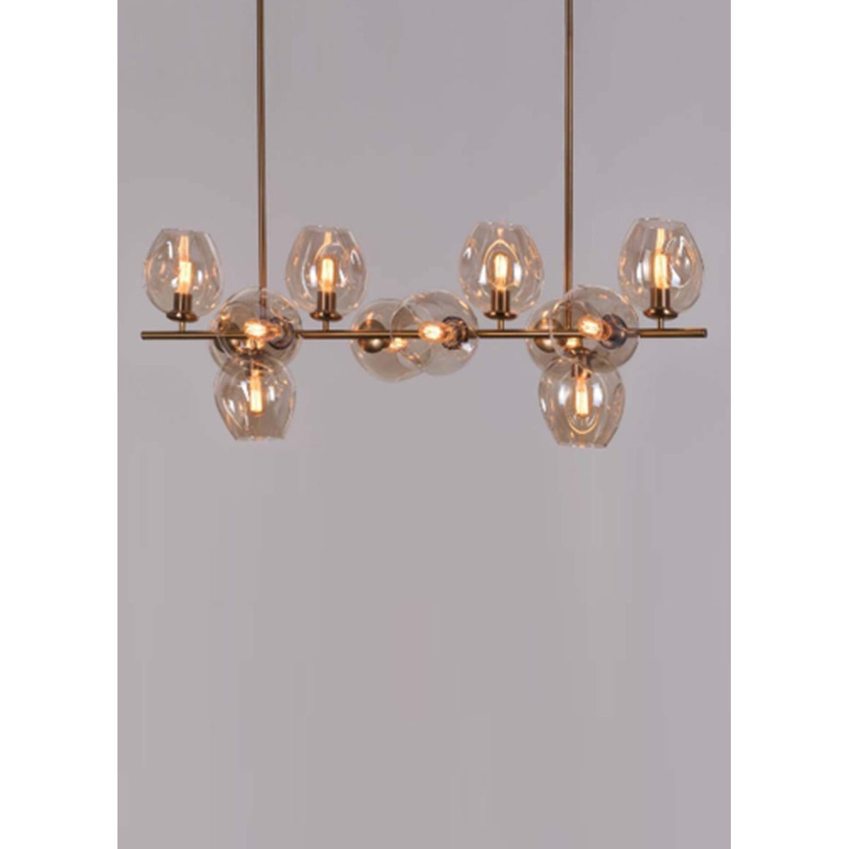 JS-GL-6008-12AMB - ANTIQUE BRASS METAL & AMBER GLASS Ball Chandelier