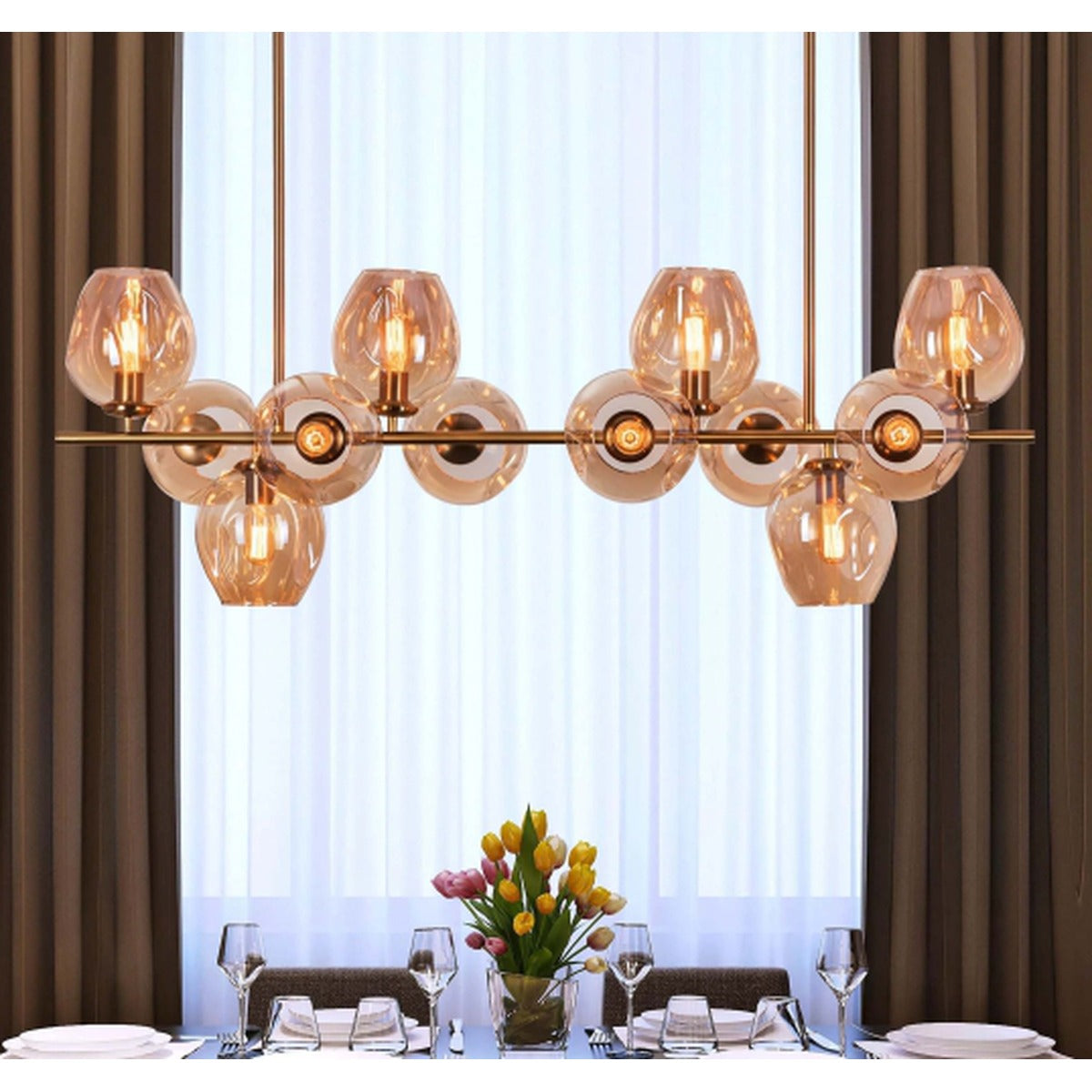 JS-GL-6008-12AMB - ANTIQUE BRASS METAL & AMBER GLASS Ball Chandelier