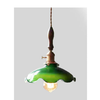 JS-GL-037- 1 - ANTIQUE BRASS & BLACK METAL & WOOD Glass Hanging Light