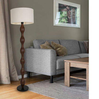 JS-GL-055-WD - Black & Dark Wood Metal & Fabric Shade Wooden Floor Lamp
