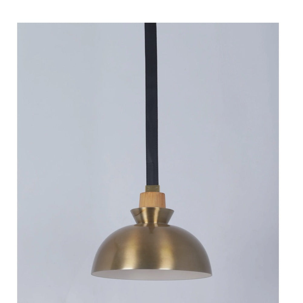 JS-GL-06017-1 - Antique Brass & White Wood & Black Leather Metal Hanging Light