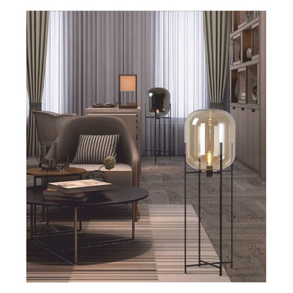 JS-GL-066-1300 - MATT BLACK METAL & AMBER GLASS Modern Floor Lamp