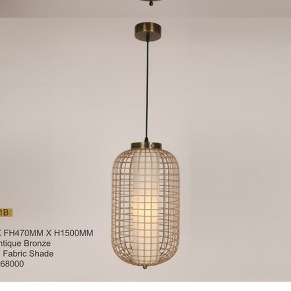 JS-GL-10082-1B - Ivory & Antique Bronze Fabric Shade Metal Hanging Light