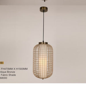 JS-GL-10082-1B - Ivory & Antique Bronze Fabric Shade Metal Hanging Light