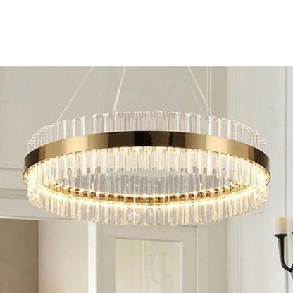 JS-GL-1025-5 - Antique Brass Metal & Crystal Double Height Chandelier