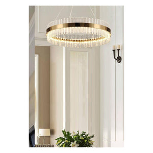 JS-GL-1025-5 - Antique Brass Metal & Crystal Double Height Chandelier
