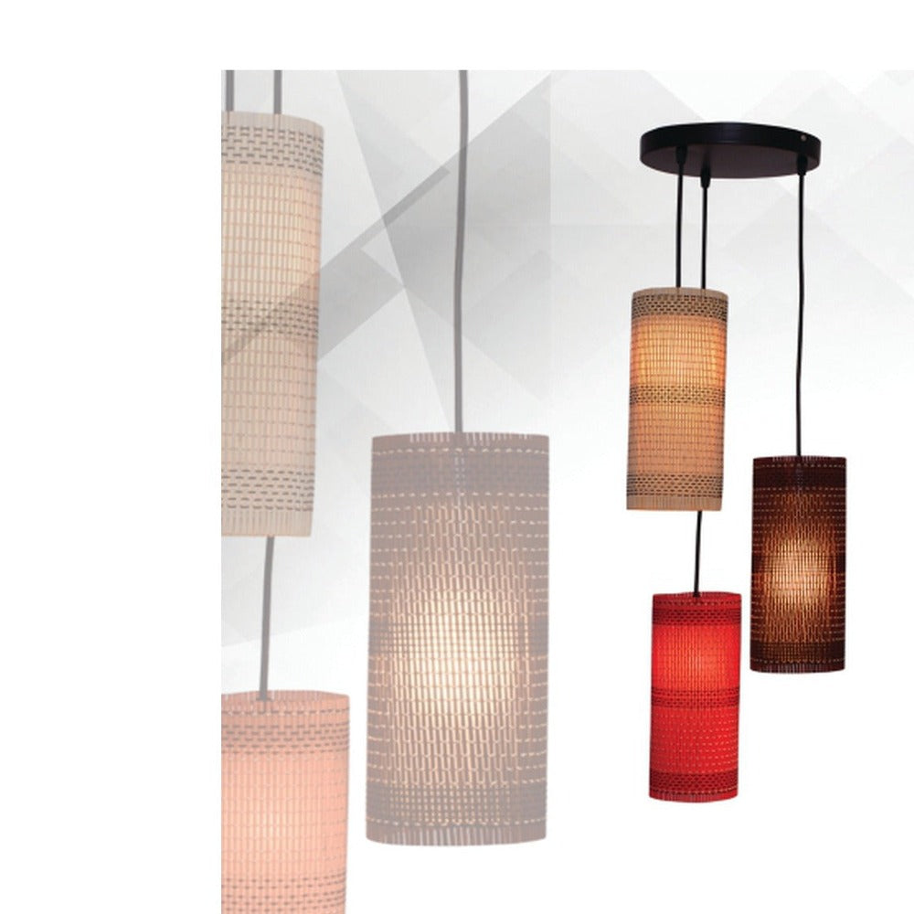JS-GL-103-3-RD - BROWN & RED & CREAM METAL & BAMBOO MATT Jute Fiber Hanging Light