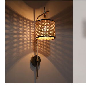 JS-GL-1069-1 - Antique Brass Metal & Rattan Cane Wooden Wall Light