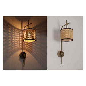 JS-GL-1069-1 - Antique Brass Metal & Rattan Cane Wooden Wall Light