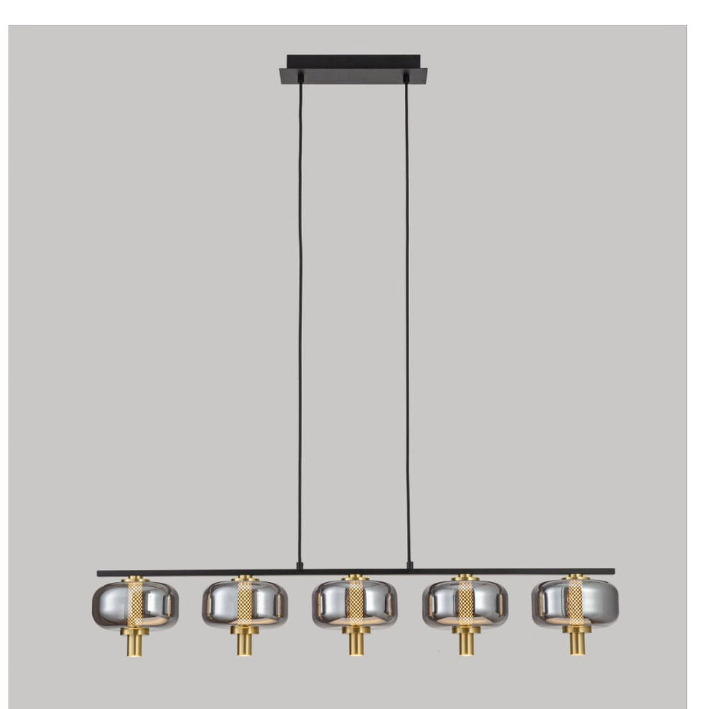 JS-GL-10703-5 - Antique Brass & Black Metal & Glass Rectangular Chandelier