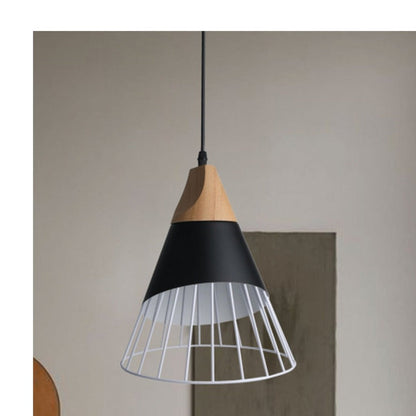 JS-GL-18009-1 - BLACK & WHITE & TEAKWOOD WOOD Metal Hanging Light