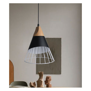 JS-GL-18009-1 - BLACK & WHITE & TEAKWOOD WOOD Metal Hanging Light