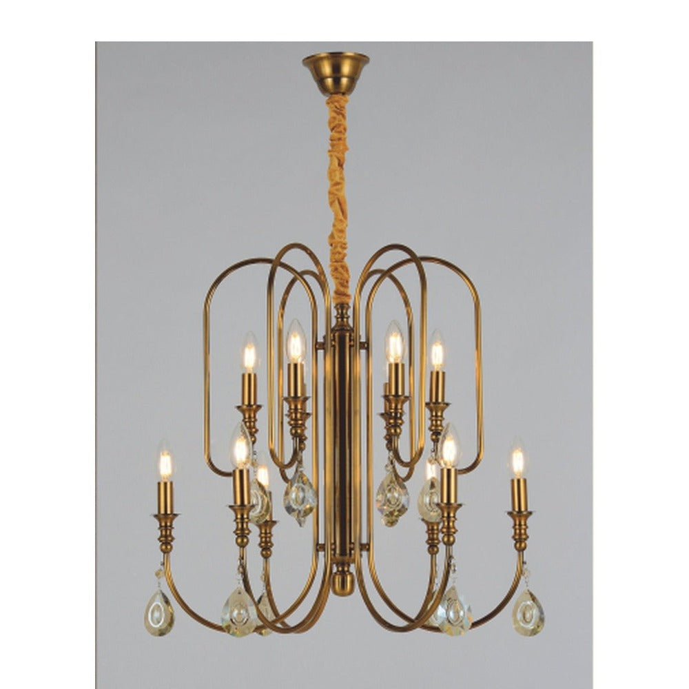 JS-GL-19038-6+6 - ANTIQUE BRASS METAL & CRYSTALS Candle Arm Chandelier