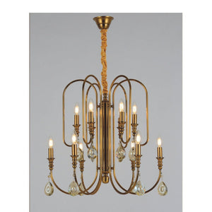 JS-GL-19038-6+6 - ANTIQUE BRASS METAL & CRYSTALS Candle Arm Chandelier