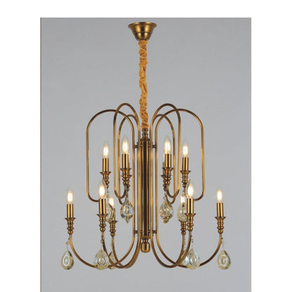 JS-GL-19038-6+6 - ANTIQUE BRASS METAL & CRYSTALS Candle Arm Chandelier