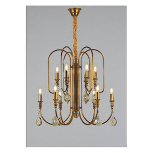 JS-GL-19038-6+6 - ANTIQUE BRASS METAL & CRYSTALS Candle Arm Chandelier