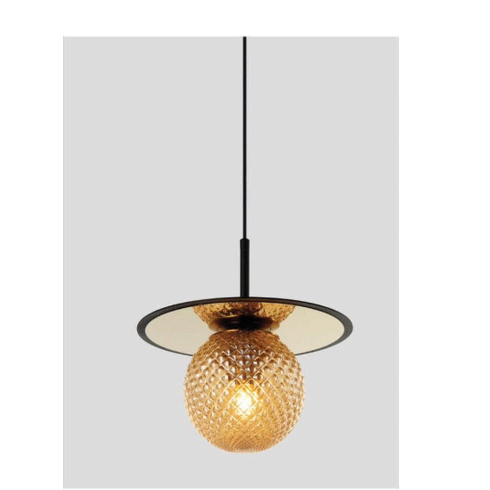 JS-GL-200836- 1AM, SM - GOLD & BLACK METAL & AMBER, SMOKE GLASS Hanging Light