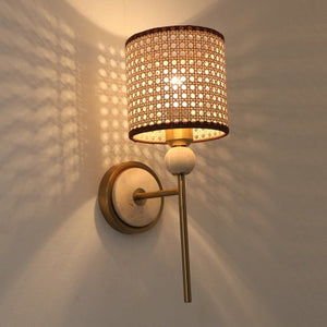 JS-GL-20291-WH-C - Antique Brass Metal & Rattan Cane & Travertino Wooden Wall Light