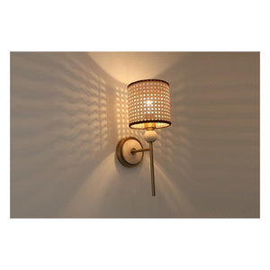 JS-GL-20291-WH-C - Antique Brass Metal & Rattan Cane & Travertino Wooden Wall Light