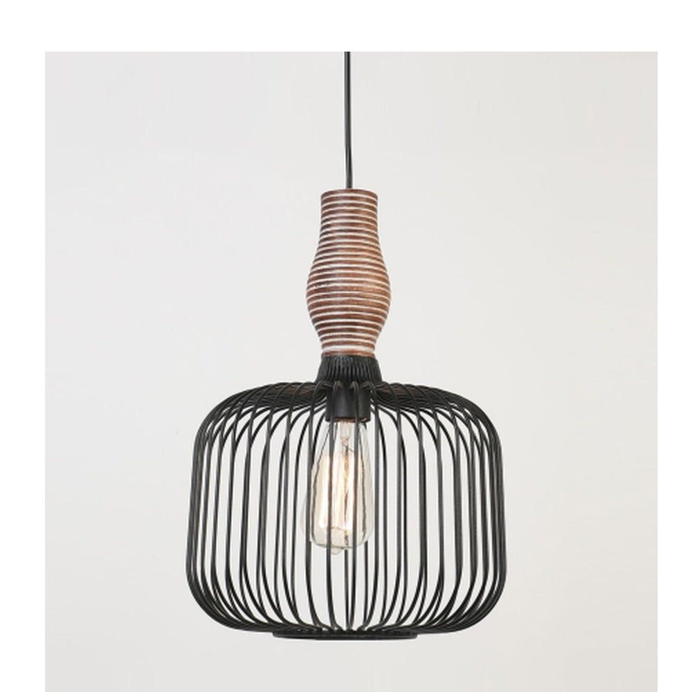 JS-GL-20305-BK - BLACK & BROWN & WHITE WOOD Metal Hanging Light