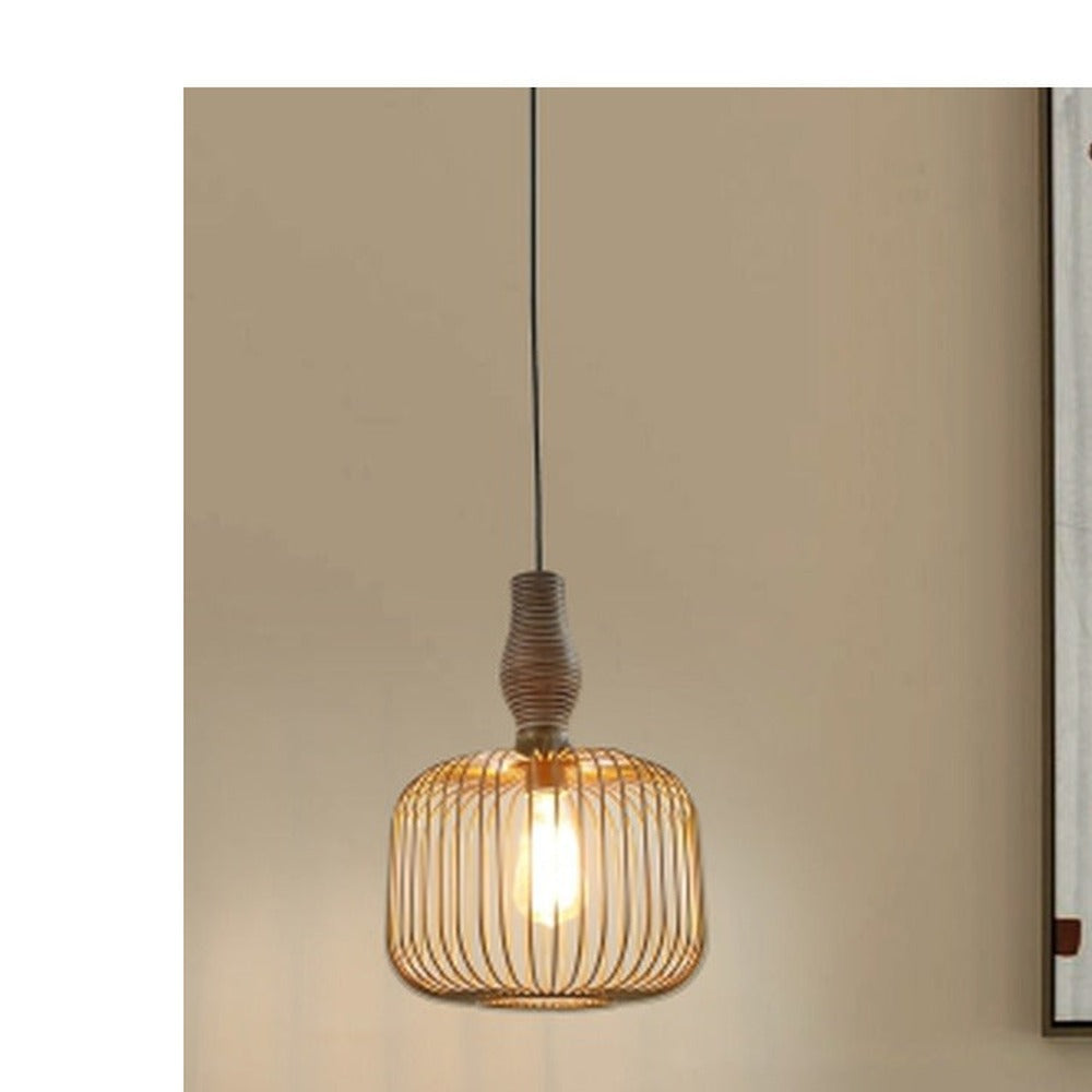 JS-GL-20305-GD - MATT GOLD & BROWN & WHITE METAL & WOOD Wooden Hanging Light